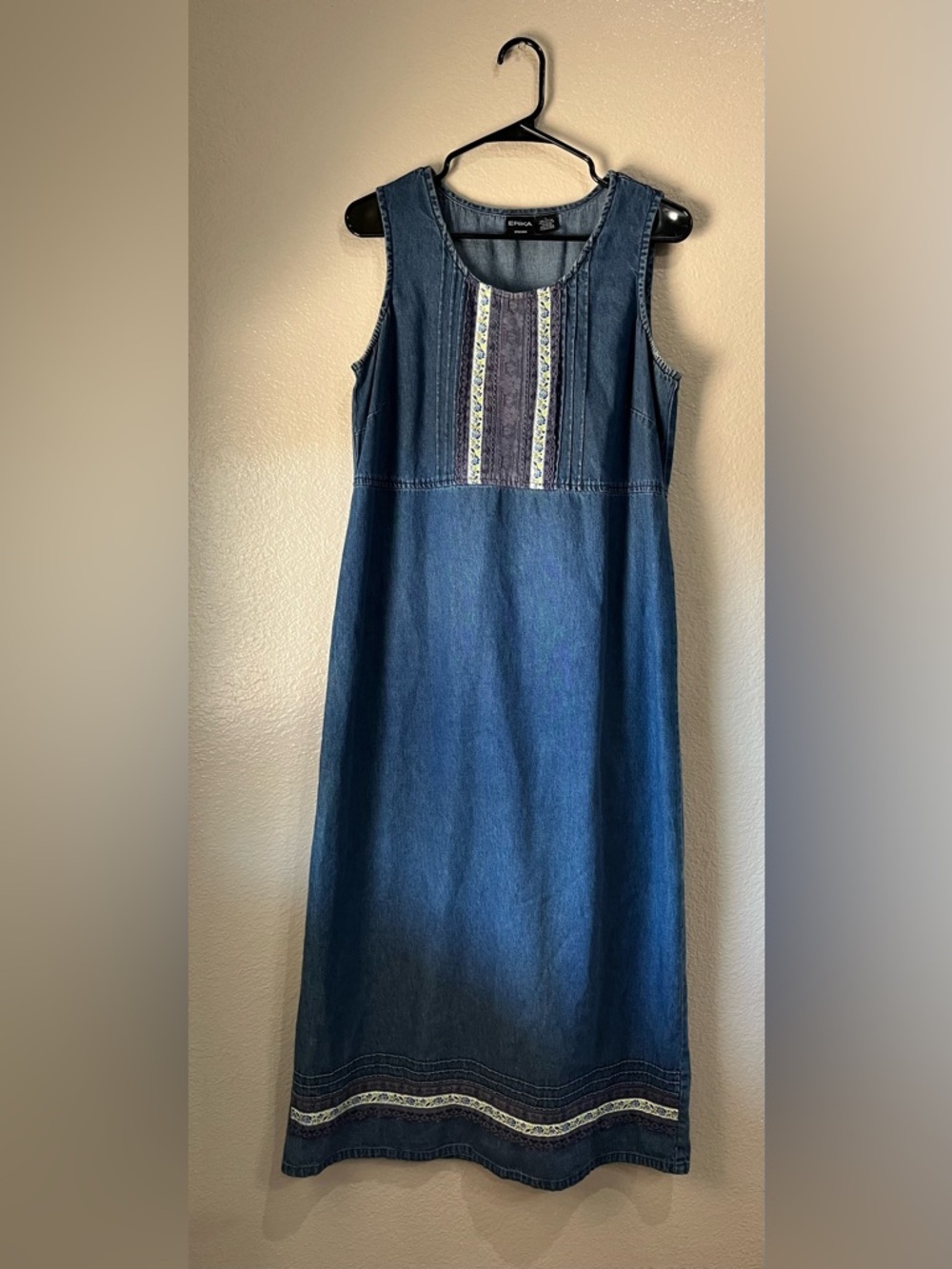 Erika Dress Denim Jumper Sz L Sleeveless Floral lace Trim Slit Modest TC0317